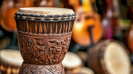 Swazi drum showcases intricate carvings and texture, set against blurred instruments