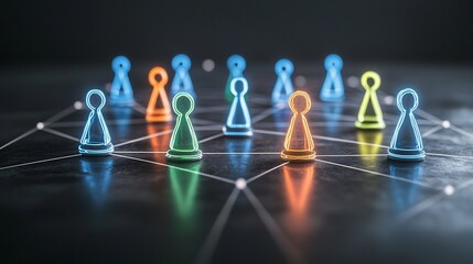 Neon glowing game pieces in vibrant colors of blue green yellow and orange connected by lines creating a futuristic and digital network on a black background