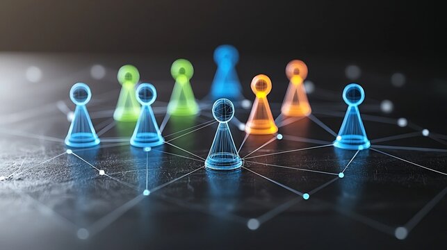 Neon colored game pieces in a vibrant futuristic design connected by glowing lines to create a dynamic digital network on a dark background  This 3D rendered image conveys a sense of technology