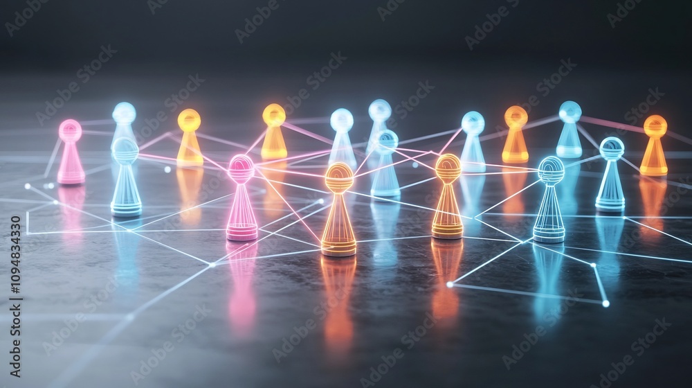 Aufkleber Glowing neon game pieces connected by bright lines on a reflective black surface symbolizing the concept of teamwork network building and digital technology