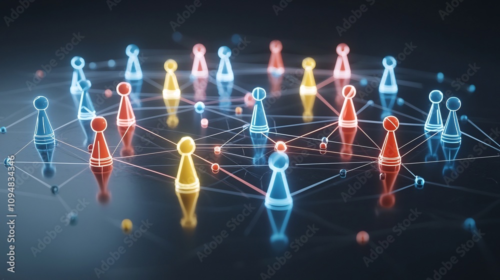 Poster Glowing Neon Game Pieces Interconnected by Bright Lines on a Reflective Dark Surface Symbolizing the Concept of Network Building in a Futuristic Technological Setting