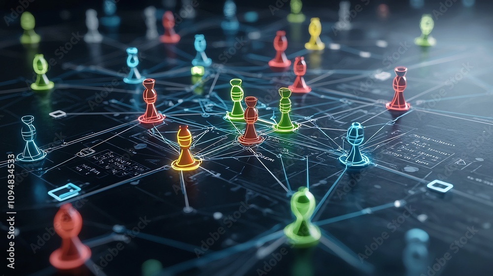 Poster Futuristic concept of a vibrant neon network with colorful game pieces connected by glowing digital lines on a dark glossy background