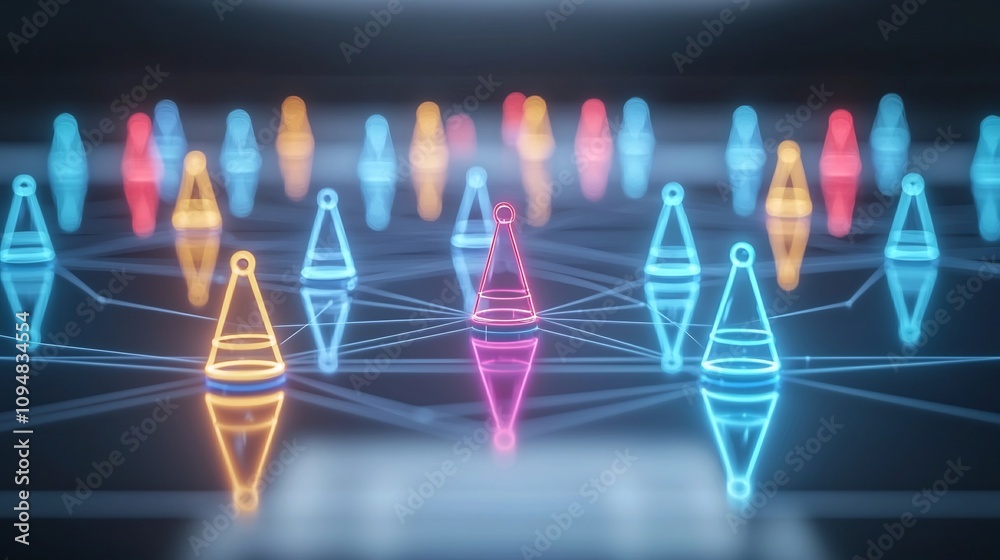 Poster Futuristic 3D of a vibrant neon game piece network connected by glowing lines on a reflective surface representing the concept of high tech digital connectivity and technological convergence