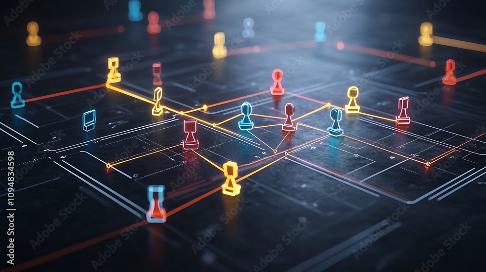Poster Futuristic neon network concept featuring colorful game pieces connected by glowing lines on a dark glossy background creating a visually striking and technologically advanced digital landscape