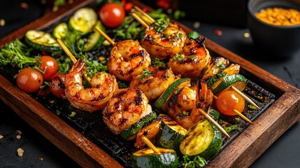 A mouthwatering view of large shrimp skewers on a grill, sizzling with juicy flavors, surrounded by fresh vegetables like zucchini and cherry tomatoes