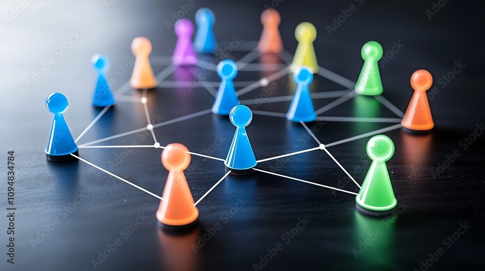 Poster neon game pieces in blue green yellow and orange colors glowing and connected on a sleek black surfa