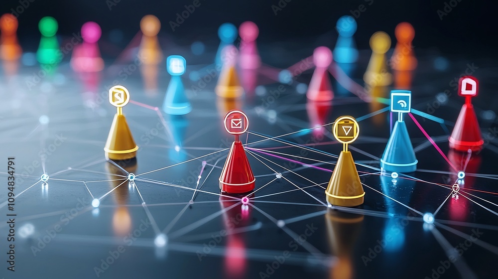 Poster Vibrant neon game piece network connected by glowing lines on a reflective surface representing the concept of technological connectivity innovation and the digital era  The abstract