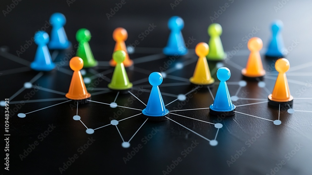 Aufkleber vibrant network of interconnected neon game pieces glowing in a collaborative theme on a sleek black