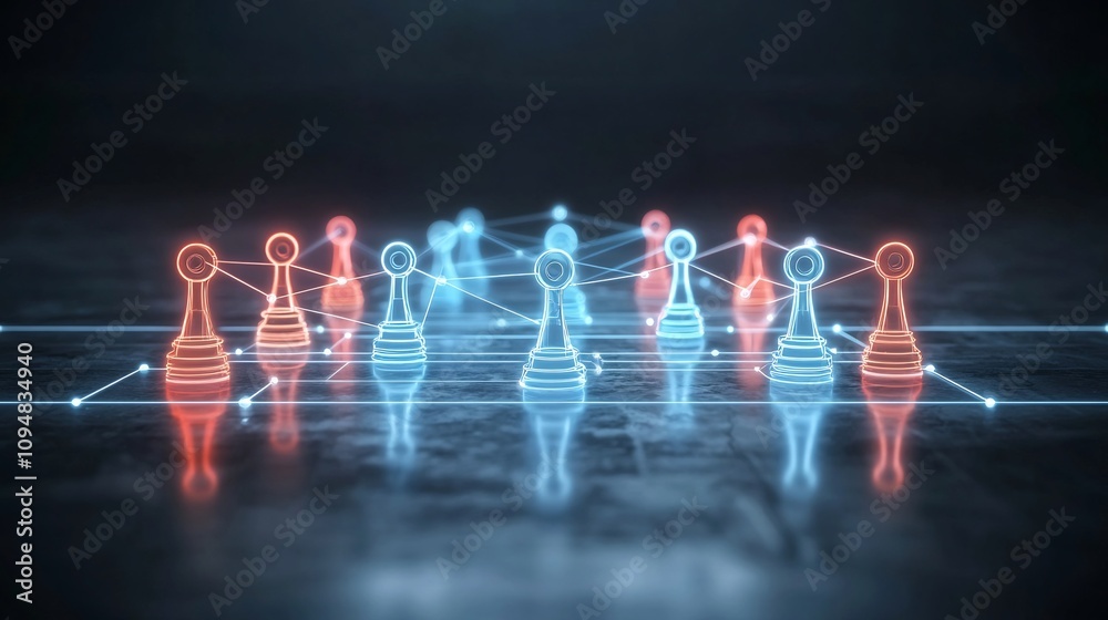 Leinwandbilder Futuristic neon network with glowing lines connecting game pieces on a dark reflective surface symbolizing the interplay of technology interaction and teamwork in a digital AI driven future