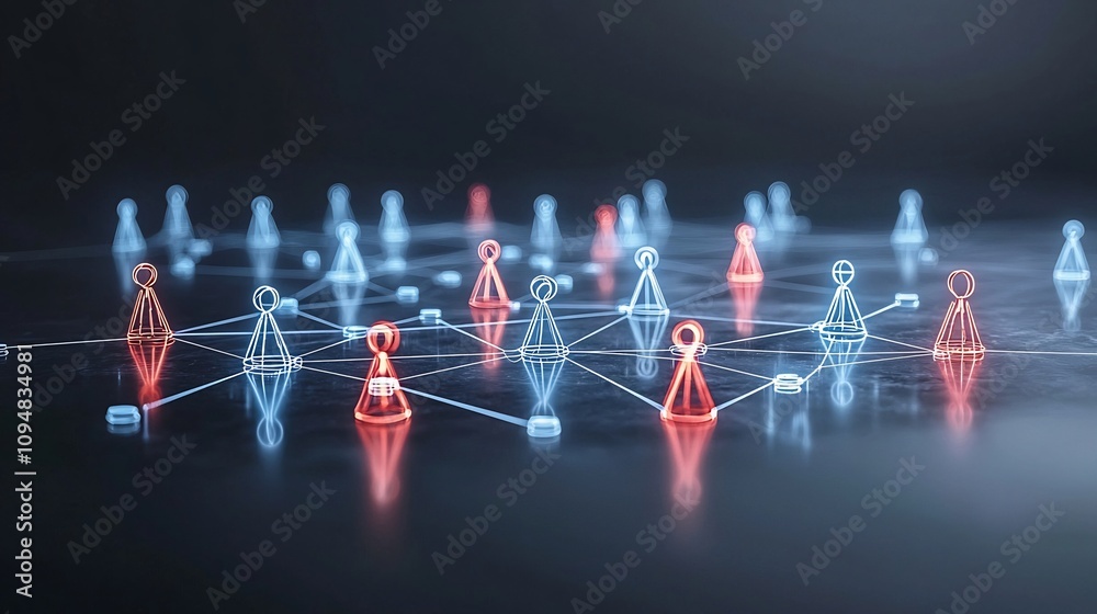 Poster Futuristic neon network with game pieces connected by glowing lines on a reflective dark surface symbolizing interaction teamwork and technological advancement