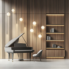 Piano in a small room, modern and stylish interior in minimalist style