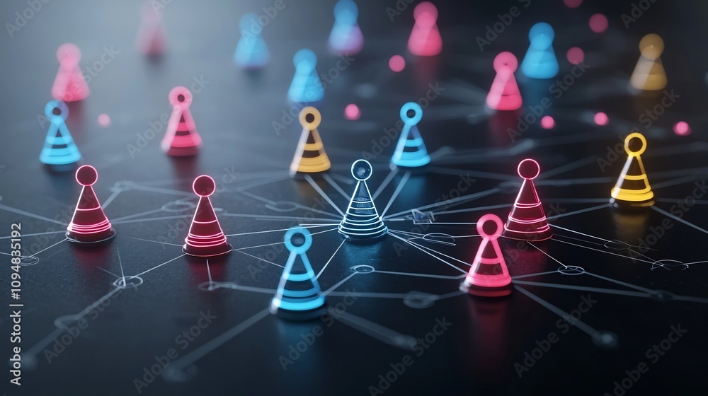 Poster Vibrant neon game pieces or shapes connected in a captivating glowing web or grid representing a futuristic digital network or technological infrastructure  Abstract minimalist design with a modern