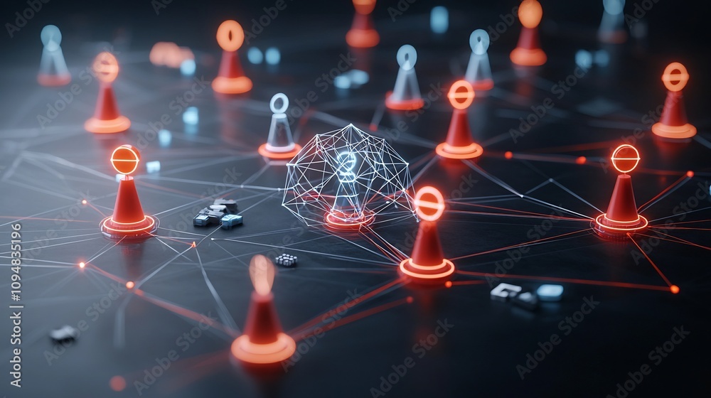 Poster Bright neon game pieces connected in a glowing web on a black surface representing a futuristic digital network of interconnected technology and communication