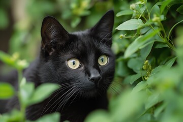 A black cat peers curiously through lush green foliage, revealing its striking eyes.