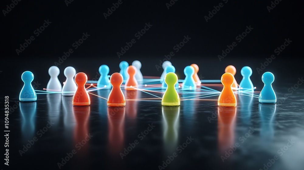 Poster Visually striking neon network of colorful and linked gaming pieces against a glossy black backdrop creating a high tech and futuristic feel of social connectivity and digital innovation