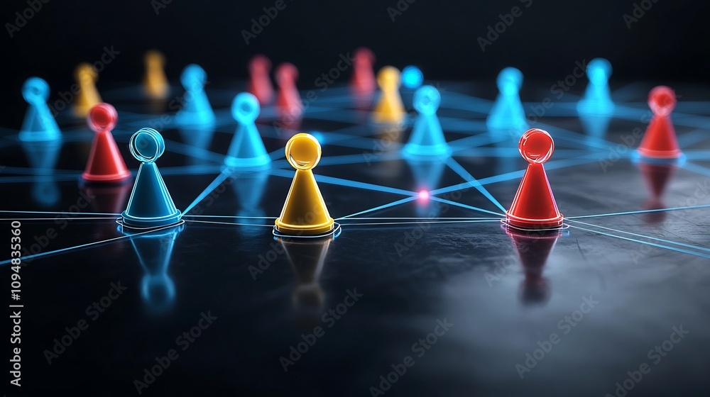 Poster Vibrant neon linked network of colorful abstract game pieces against a glossy black backdrop creating a high tech futuristic feel for digital social connection and communication