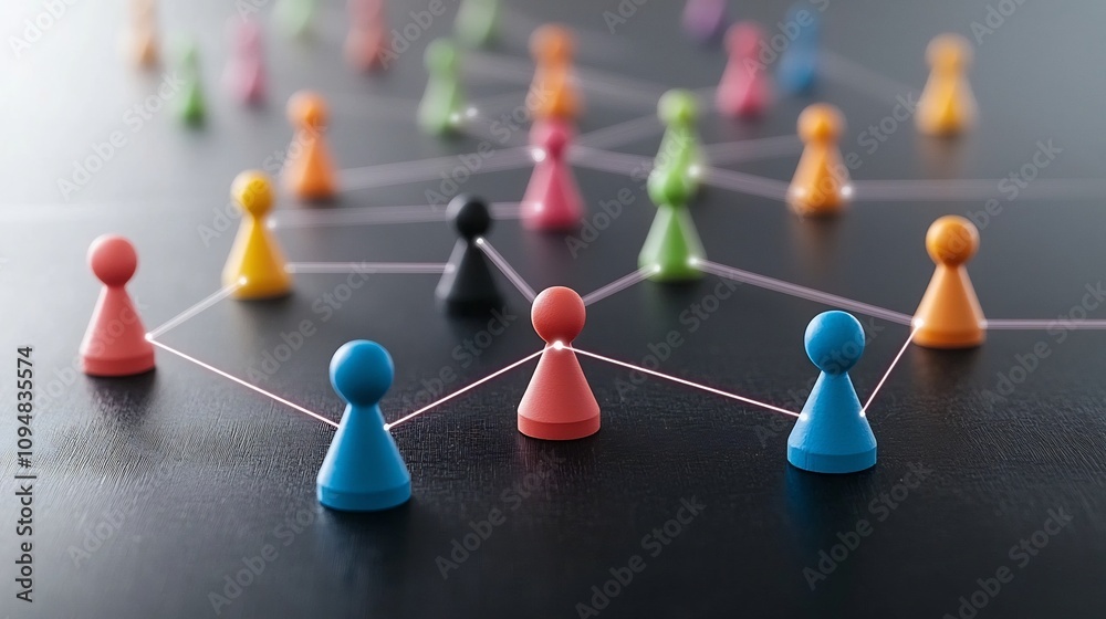 Poster Colorful neon network of game pieces linked by glowing lines on a sleek black surface representing the concept of social networking technology and digital interconnectivity
