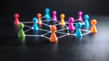 Obraz premium Colorful neon network of game pieces linked by glowing lines on a sleek black surface creating a futuristic and interconnected visual representation of social networking and digital communication