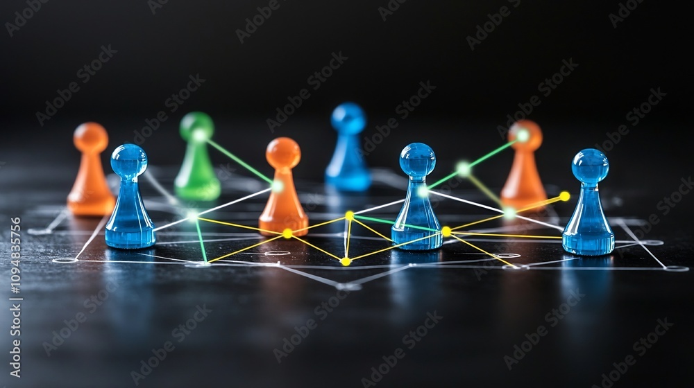 Poster Glowing neon network of game pieces in shades of blue orange green and yellow connected by bright lines on a sleek black surface creating a captivating digital landscape