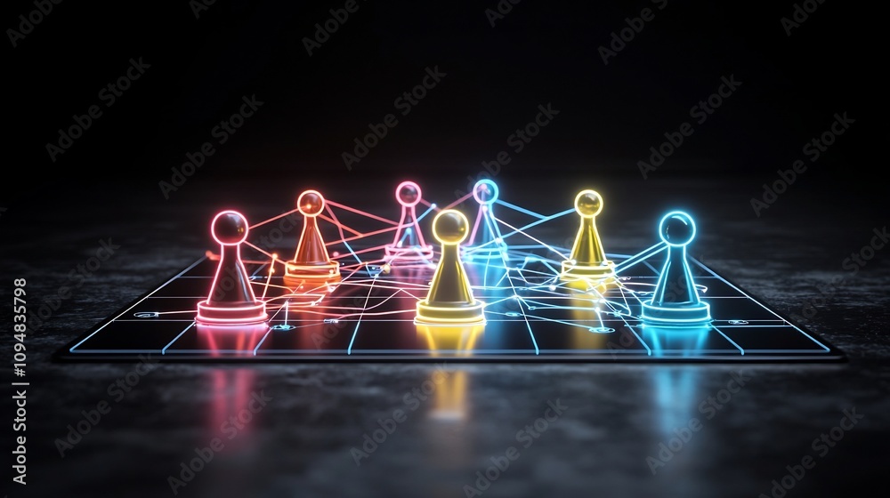 Poster Futuristic neon network of interconnected game pieces on a glossy black background symbolizing digital technological innovation