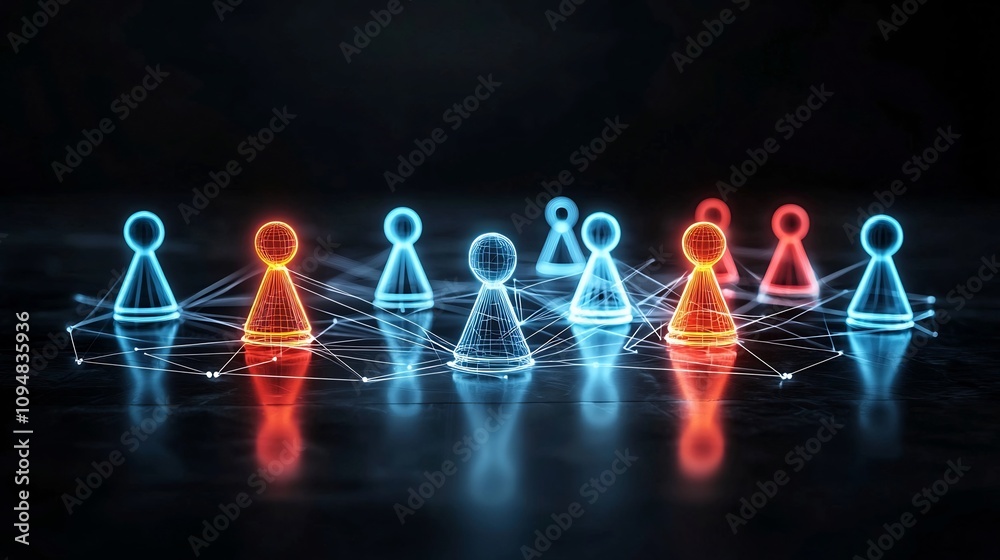 Poster Futuristic neon network of interconnected game pieces on a glossy black background symbolizing digital teamwork and in a modern innovative virtual space
