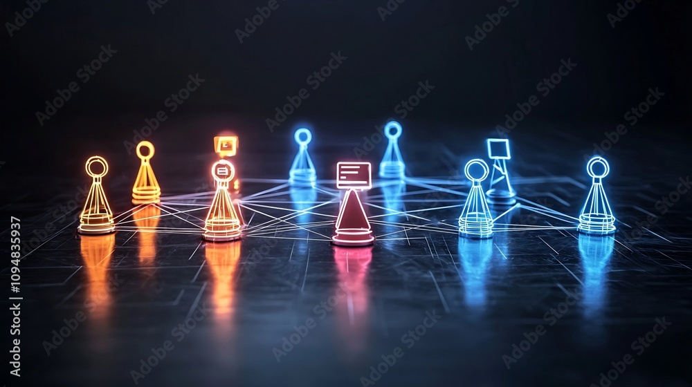 Poster Futuristic neon network of interconnected digital game pieces arranged in a glossy black background symbolizing the dynamic nature of technology and innovation in the digital age