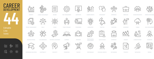 Career Development Line Editable Icons set. Vector illustration in modern thin line style of profession related icons: skills, practice, knowledge, and more. Pictograms and infographics for mobile app