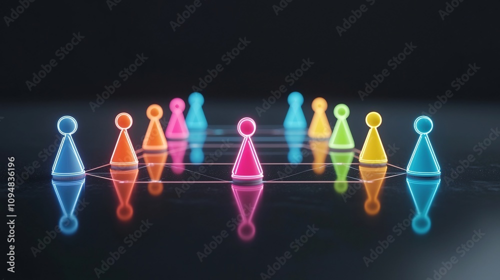 Fototapete Vibrant neon game pieces in a network formation on a reflective black surface representing the modern digital and social interaction in a technological and futuristic concept