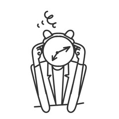 person with alarm clock head and face feeling worried and confused in doodle drawn sketch cartoon