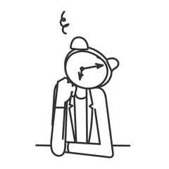 person with alarm clock head and face feeling worried and confused in doodle drawn sketch cartoon
