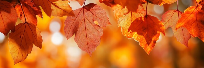 Obraz premium Golden autumn leaves catch the sunlight, showcasing their beauty and intricate details in nature.
