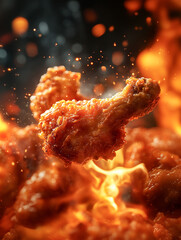 Close-up hot and spicy golden crispy fired chicken with crunchy on red and orange fire background. Deep-fired concept. Generative AI.