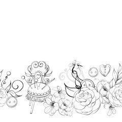 Sewing tools with flowers, seamless background. Needles, buttons, Elegant Sewing Chair with Pin Cushion. Seamless pattern, border. Handcraft in retro style. Vintage old fashion, tailoring for postcard