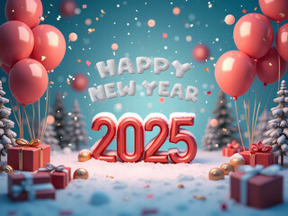 Happy New Year 2025 Template with Balloons, Confetti, Fireworks, Ribbon, Gifts, Snow, & Festive Winter Decorations. 
Creative elegant New Year Greeting Card, Banner, Background 3D Design Holiday style