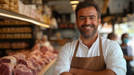 Smiling butcher in a meat shop
