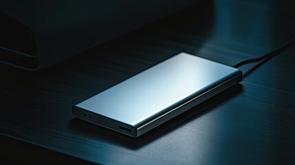 Sleek silver power bank with 20k text, placed on a dark surface, minimalism
