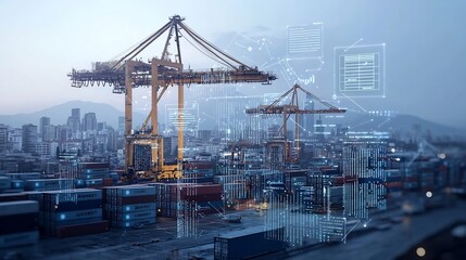 Futuristic port city skyline with cargo cranes shipping containers