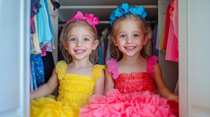Joyful Twin Sisters Playing Dress-Up in Colorful Closet Surroundings