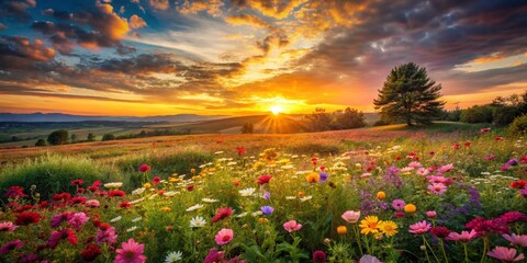 A Stunning Vintage Sunset Over a Vibrant Flower Field, Capturing the Essence of Nature's Beauty and a Serene Atmosphere in Classic Photography Style