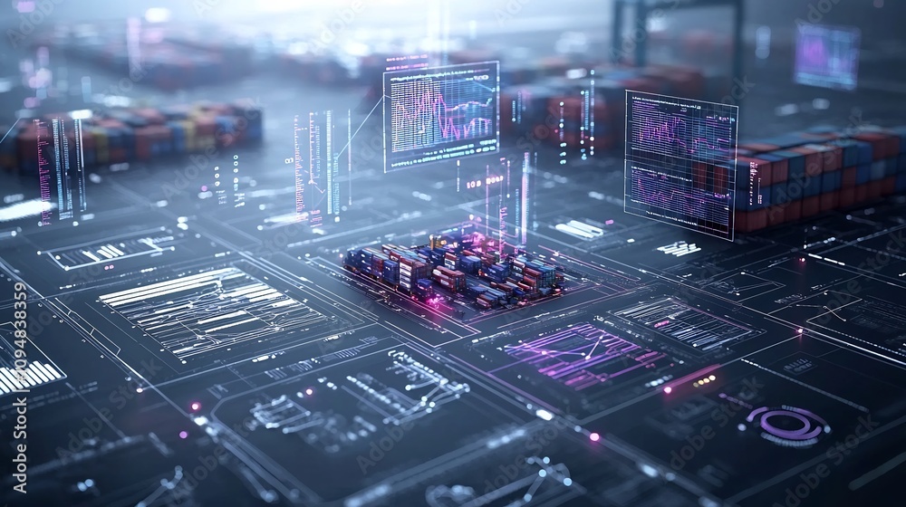 Fototapete Aerial view showcasing the interconnected global network of a bustling container port with floating data charts and visualizations in a sleek industrial blue purple color tone