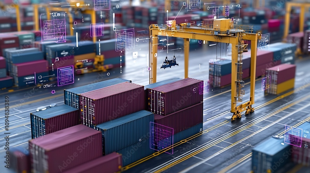 Fototapete Aerial view of a futuristic port scene with stacked cargo containers and towering cranes surrounded by a network of floating data nodes and 3D analytics graphs in shades of purple and blue