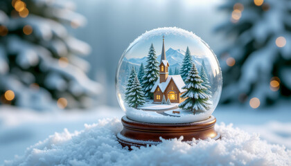 Christmas snow globe with church, Christmas tree, and swirling snowflakes a magical winter decoration concept.