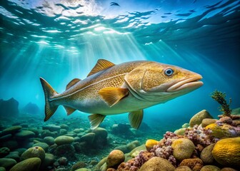 Naklejka premium Atlantic Cod (Gadus morhua) Swimming in Clear Waters with Copy Space for Text, Showcasing Its Distinctive Features and Natural Habitat in the Ocean Environment