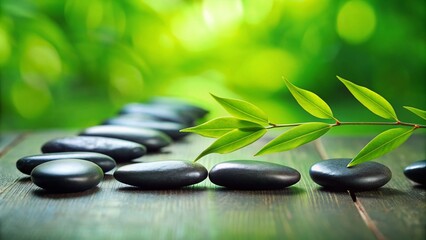 A Tranquil Arrangement of Black Stones and Green Leaves on Natural Background with Copy Space for Serenity and Balance in Nature-Themed Designs