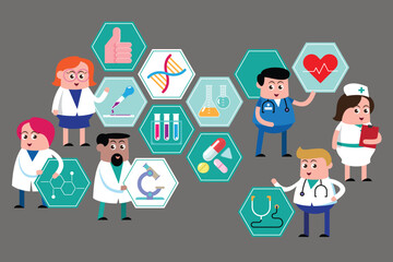 emotion cute vector, illustration flat cartoom character man and woman scientists doctor engineering medicine  in laboratory reasearch new drugs in chemistry concept.