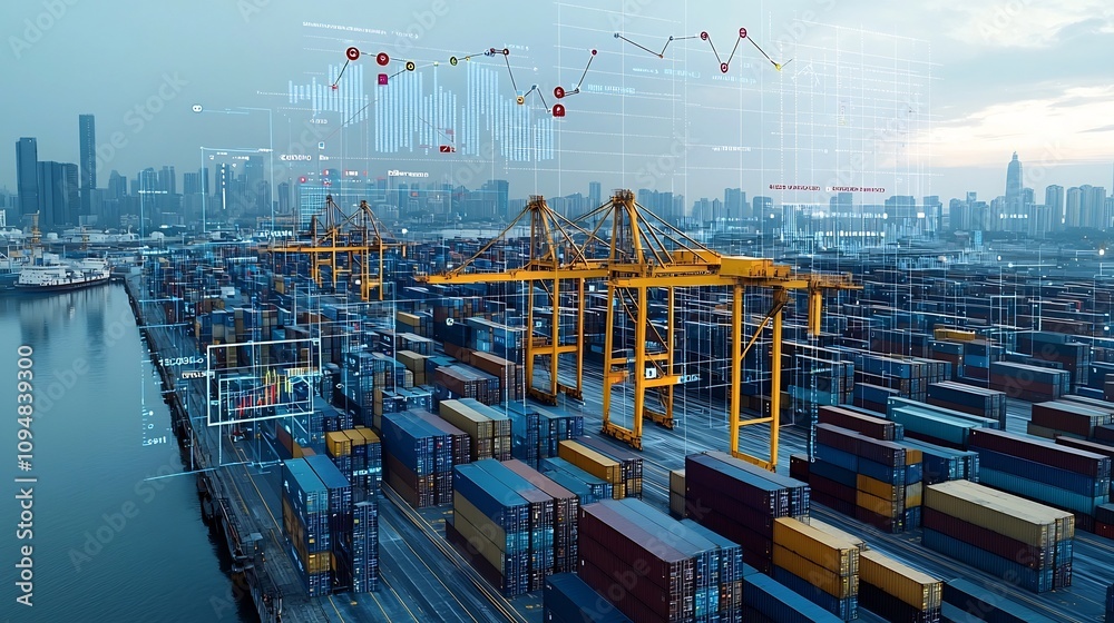 Fototapete Aerial View of a Technologically Advanced Port with Cranes Digital Communication Networks and Floating Business Data Visualizations Showcasing Intelligent Logistics and