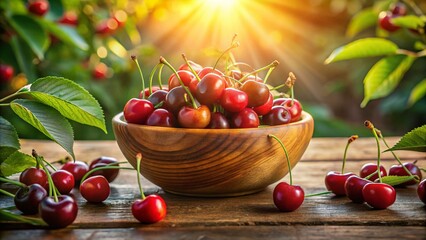 A Vibrant Bowl of Fresh Cherries on a Rustic Wooden Table, Perfectly Capturing the Essence of Summer with Lush Red Fruit, Ideal for Food Photography and Culinary Inspirations