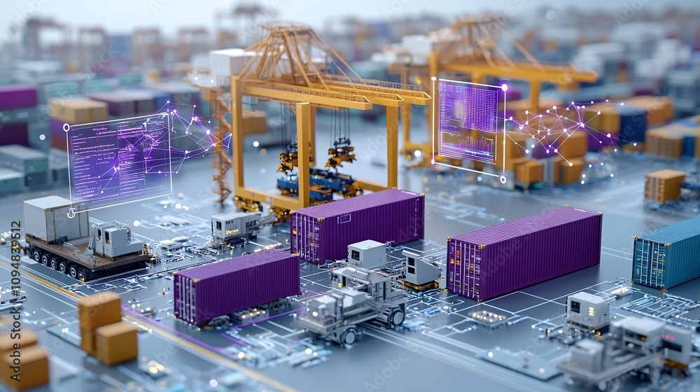 Fototapete Aerial Overhead View of an Interconnected Digital Container Port with Advanced 3D Data Analysis Tools Displayed in a Striking Purple Blue Color Theme