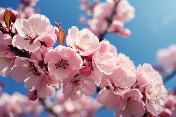 A close-up of pink cherry blossom flowers against a clear blue sky.