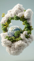 Earth encircled by lush greenery and clouds symbolizes harmony with nature, AI